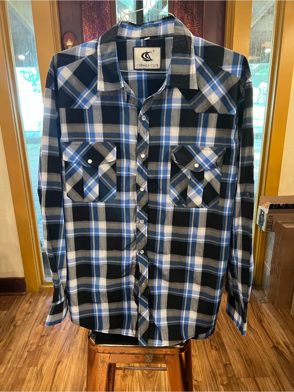 Men's Blue and Black Plaid Button-Down Shirt